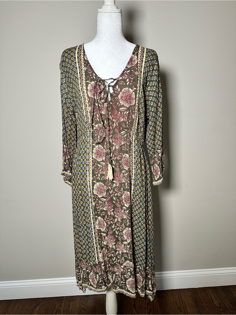 Nostalgia Olive and Dusty Rose Floral Tie-Front Midi Dress